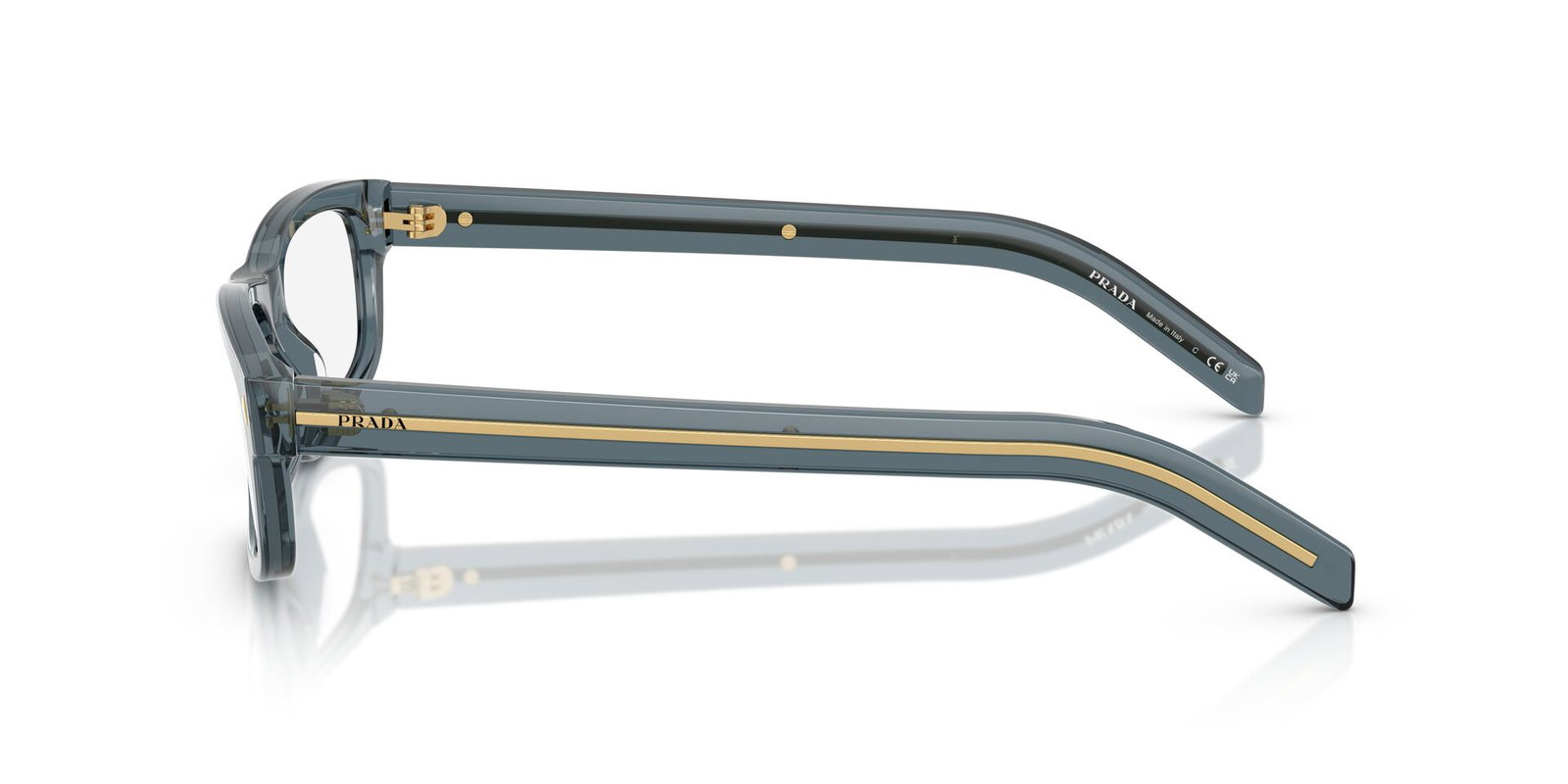 Das Bild zeigt die Bügel die Prada Brille B02V in Transparent ocean/silver.